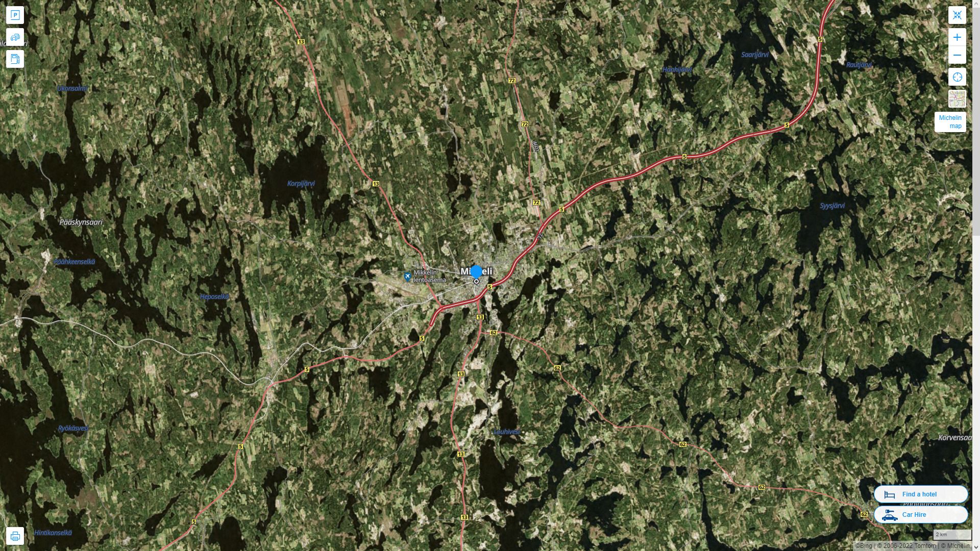 Mikkeli Finlande Autoroute et carte routiere avec vue satellite